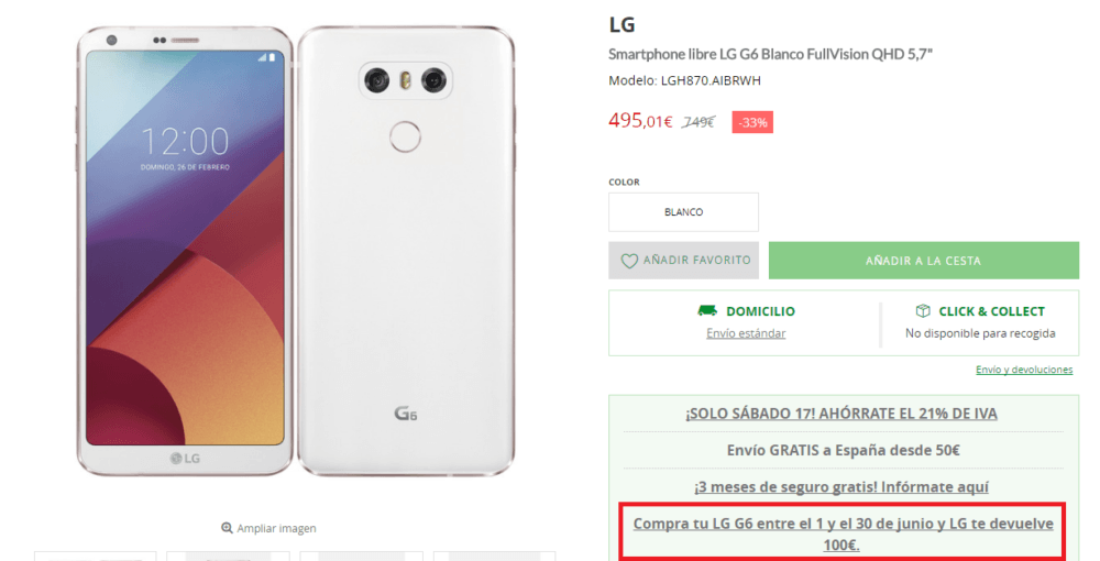 Ofertón: Hazte con un LG G6 por tan solo 395€, solo hoy 18
