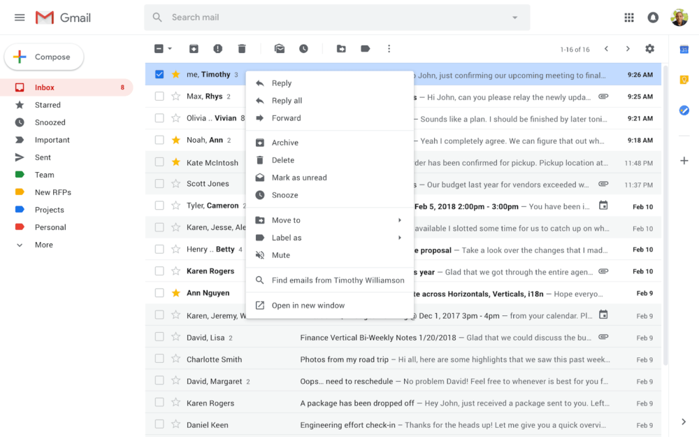 Gmail añade múltiples opciones en su menú contextual