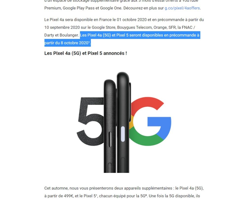 Google Francia revela la fecha de lanzamiento del Pixel 5 y del Pixel 4a 5G