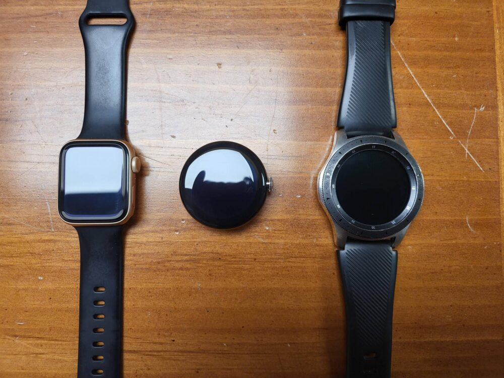 Pixel Watch contra Apple Watch de 40 mm y el Galaxy Watch de 46 mm.
