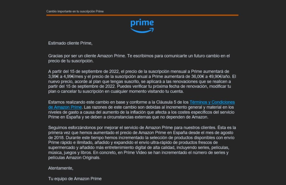 Amazon Prime sube su cuota en España desde Septiembre