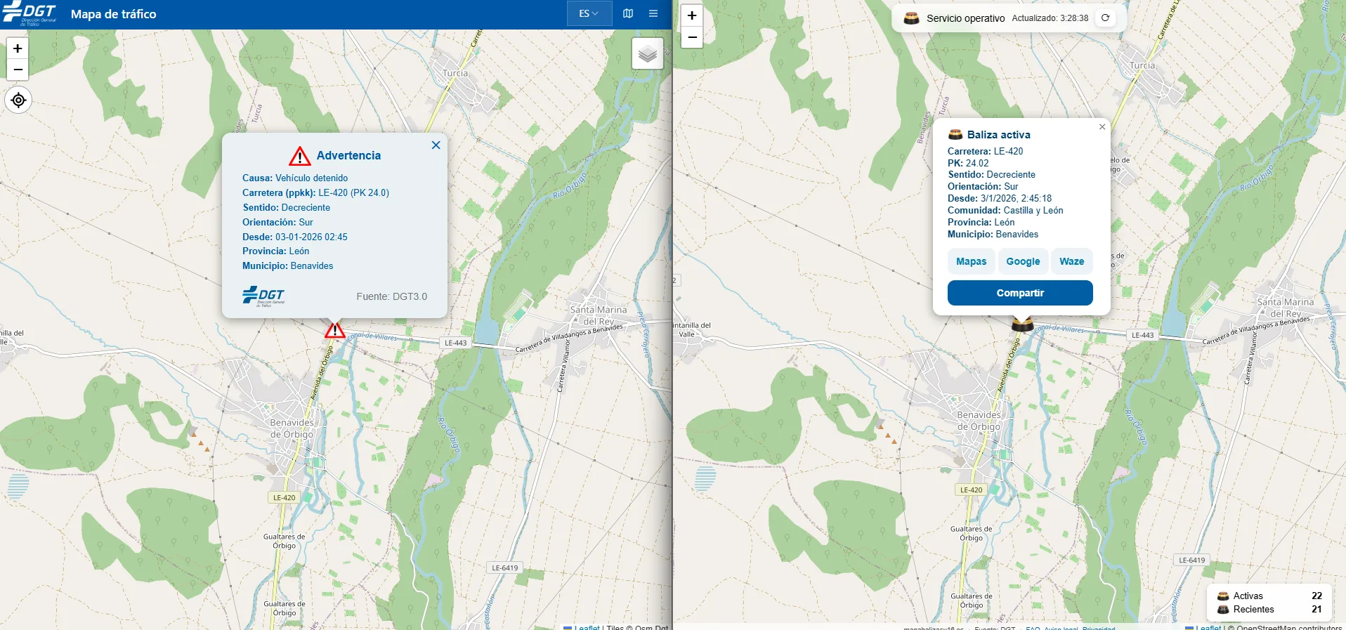 Un mapa permite ver las balizas V16 activas en tiempo real y recientes Un mapa permite ver las balizas V16 activas en tiempo real y recientes